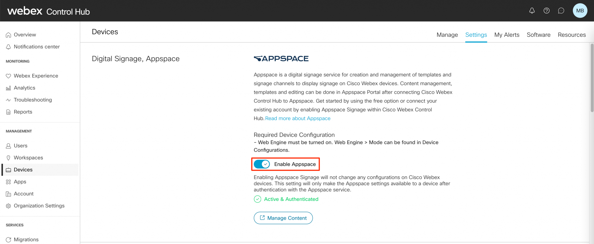 Configure Appspace Signage for Webex Control Hub - Appspace App for Devices